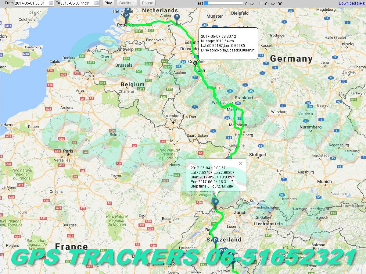 GAPRS   gebruiksklare gps tracker kaart  route naar zuid Europa
